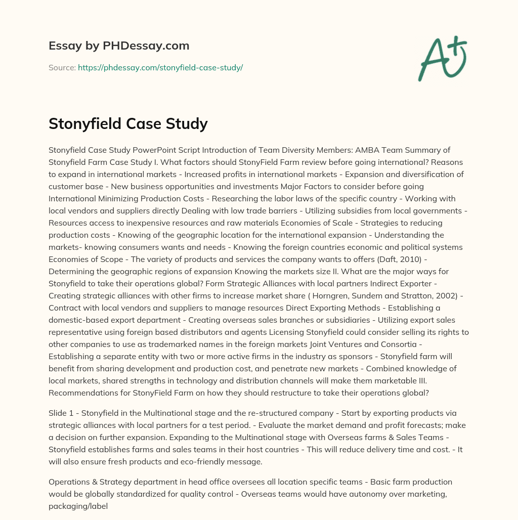 Stonyfield Case Study essay