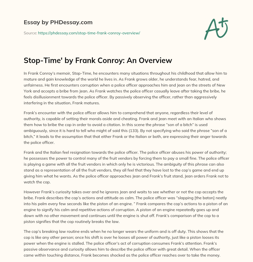 Stop-Time’ by Frank Conroy: An Overview essay