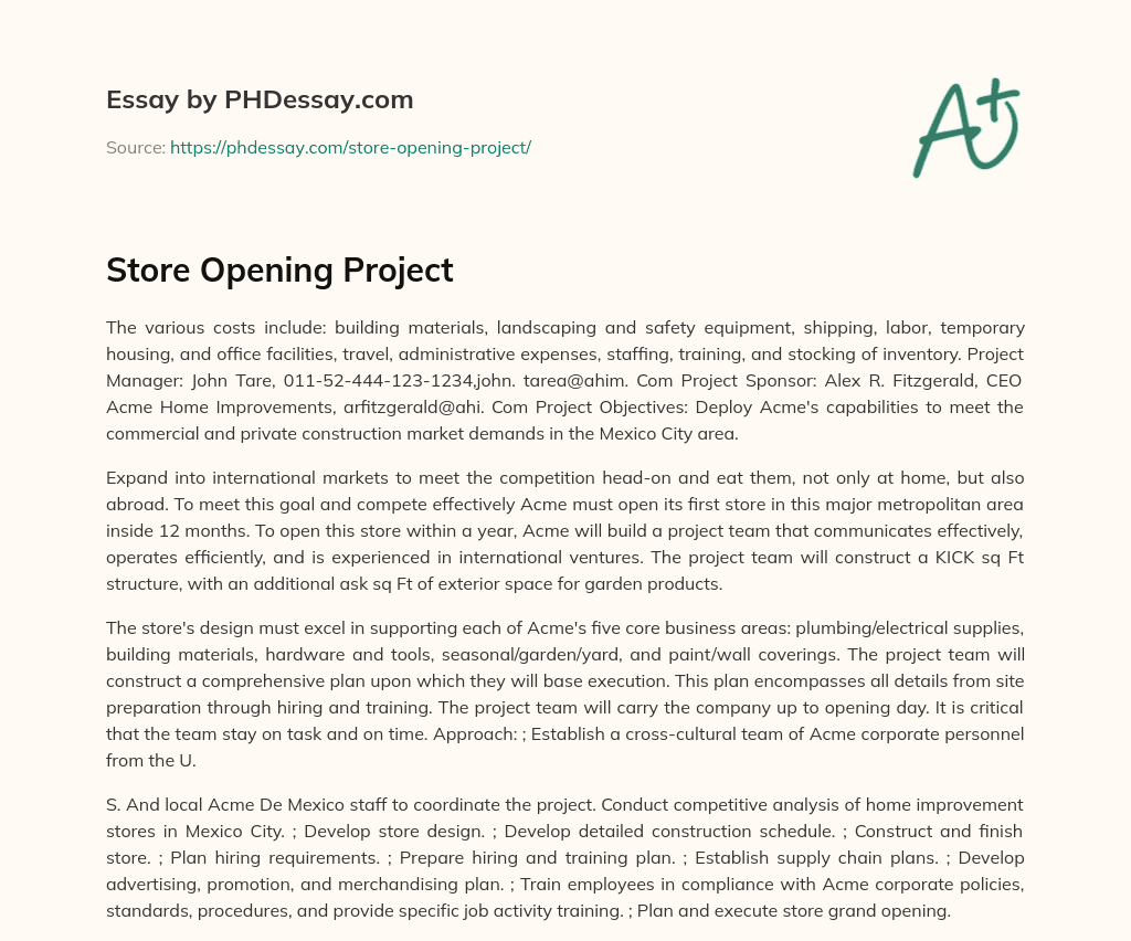 Store Opening Project essay