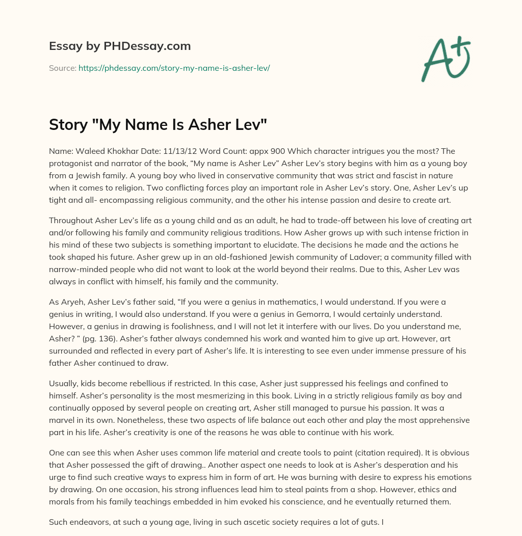 Story “My Name Is Asher Lev” essay