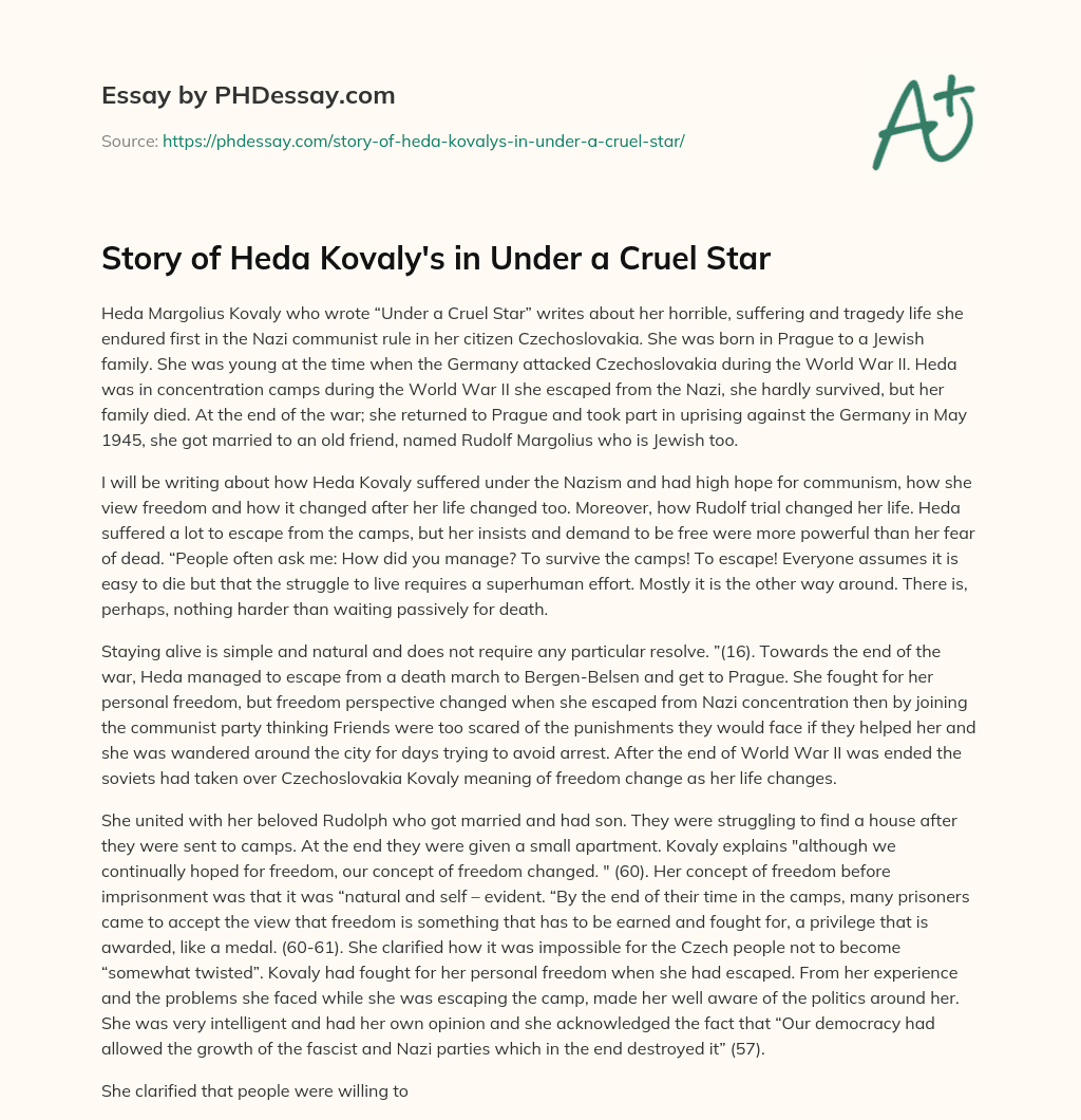 Story of Heda Kovaly’s in Under a Cruel Star essay