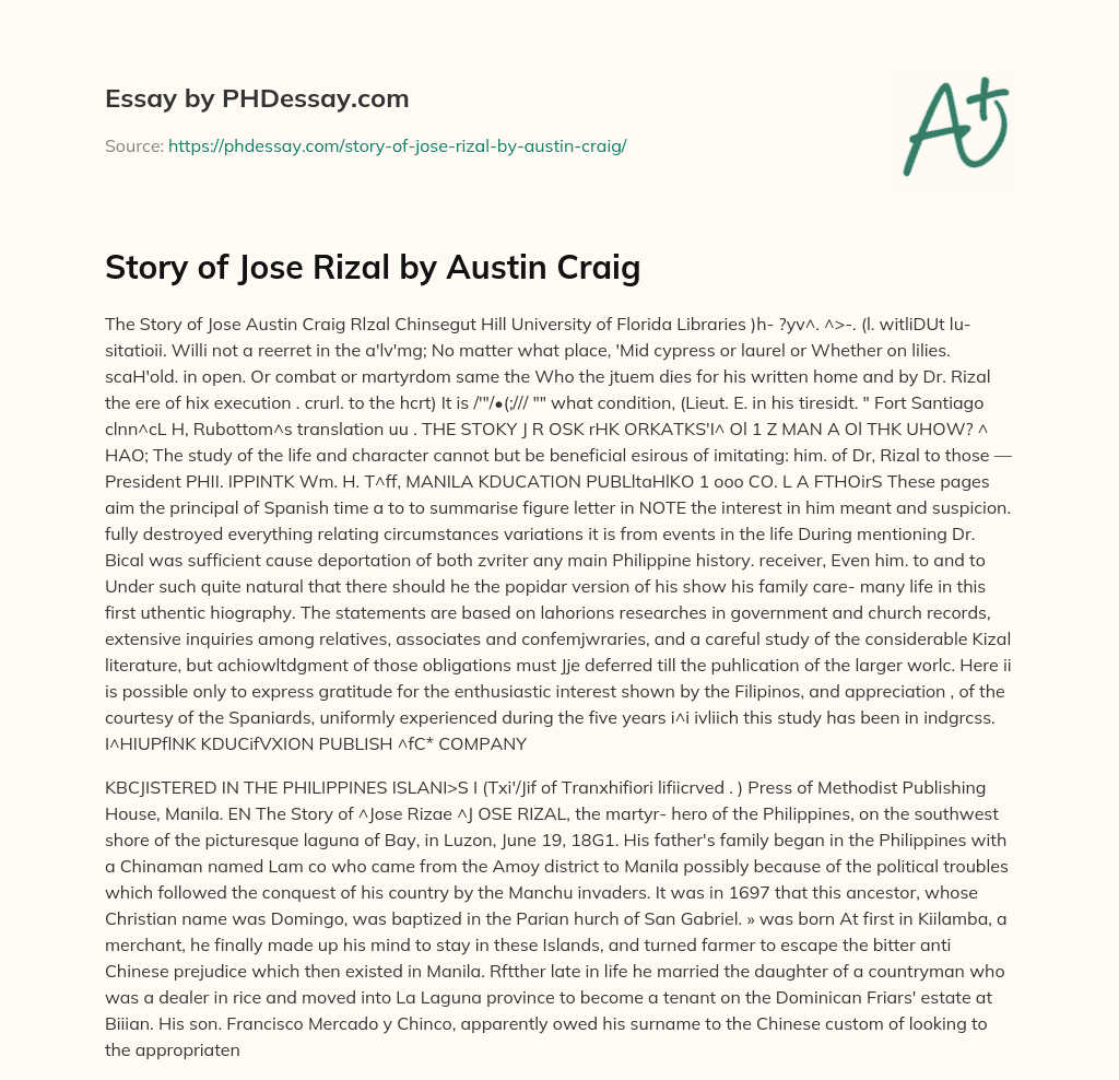 Story of Jose Rizal by Austin Craig essay