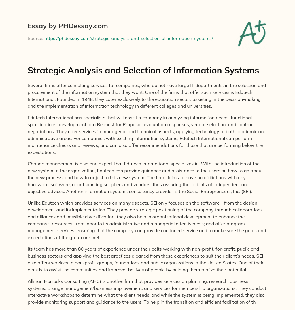 Strategic Analysis and Selection of Information Systems essay