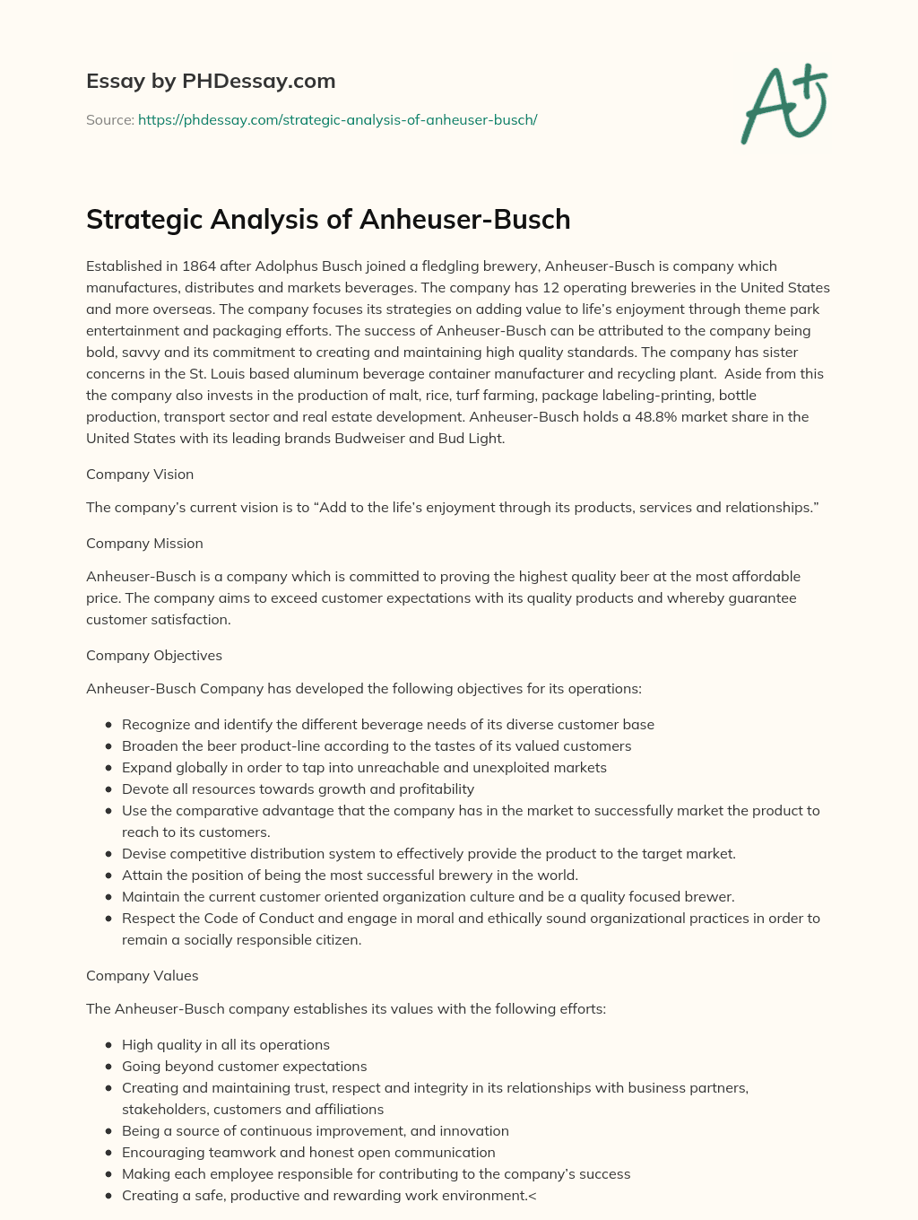 Strategic Analysis of Anheuser-Busch essay