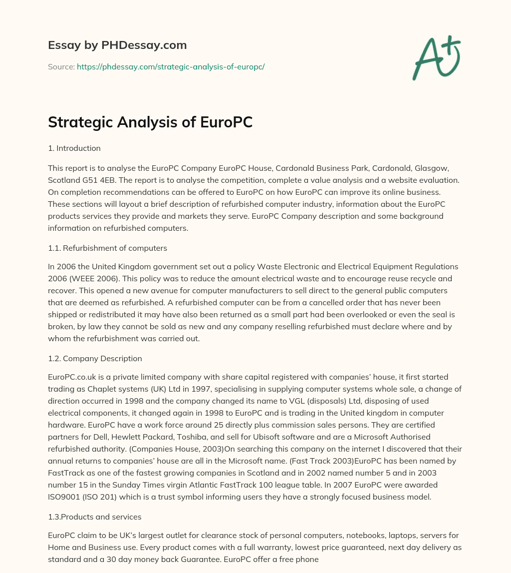 Strategic Analysis of EuroPC essay