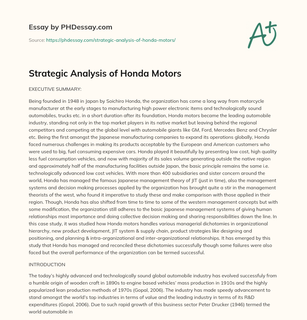 Strategic Analysis of Honda Motors essay