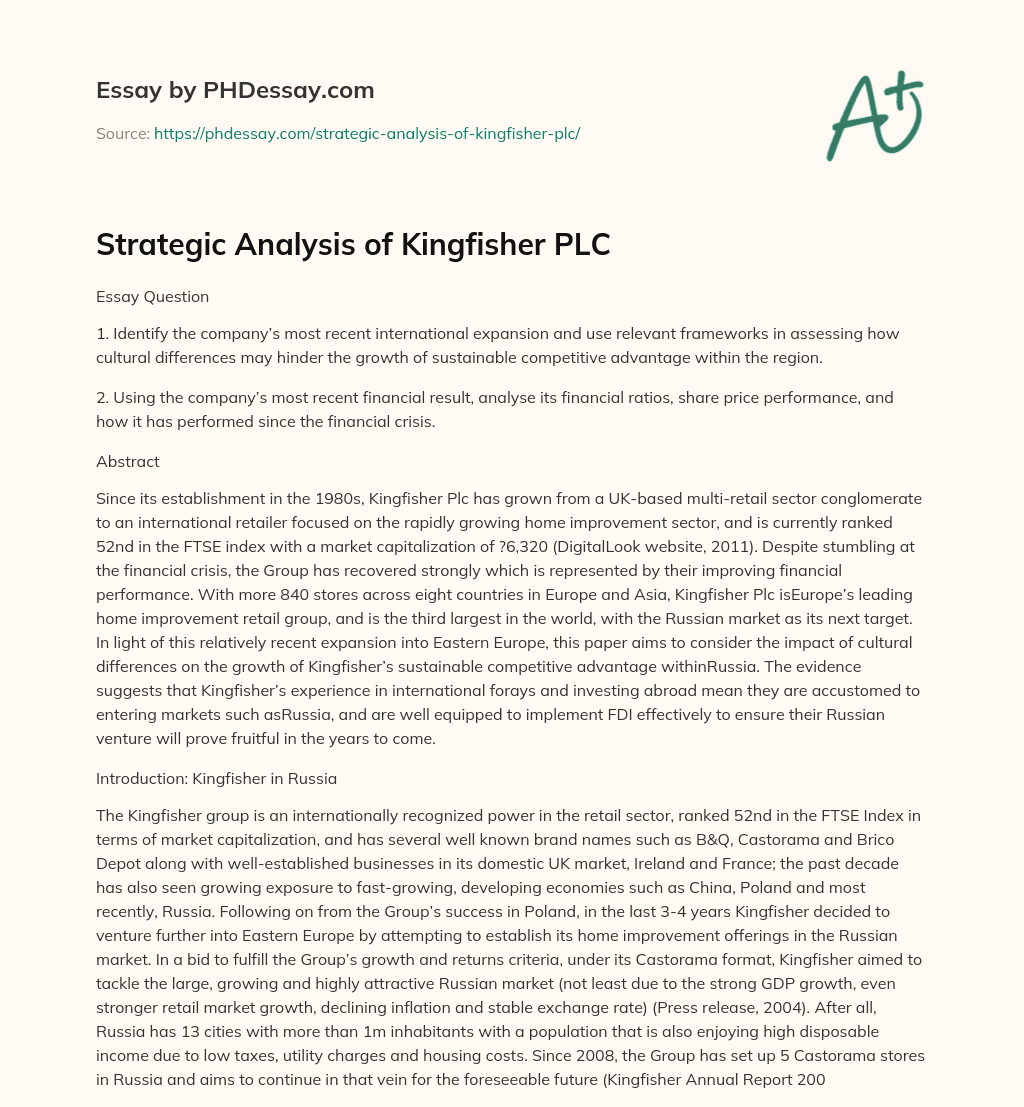 Strategic Analysis of Kingfisher PLC essay