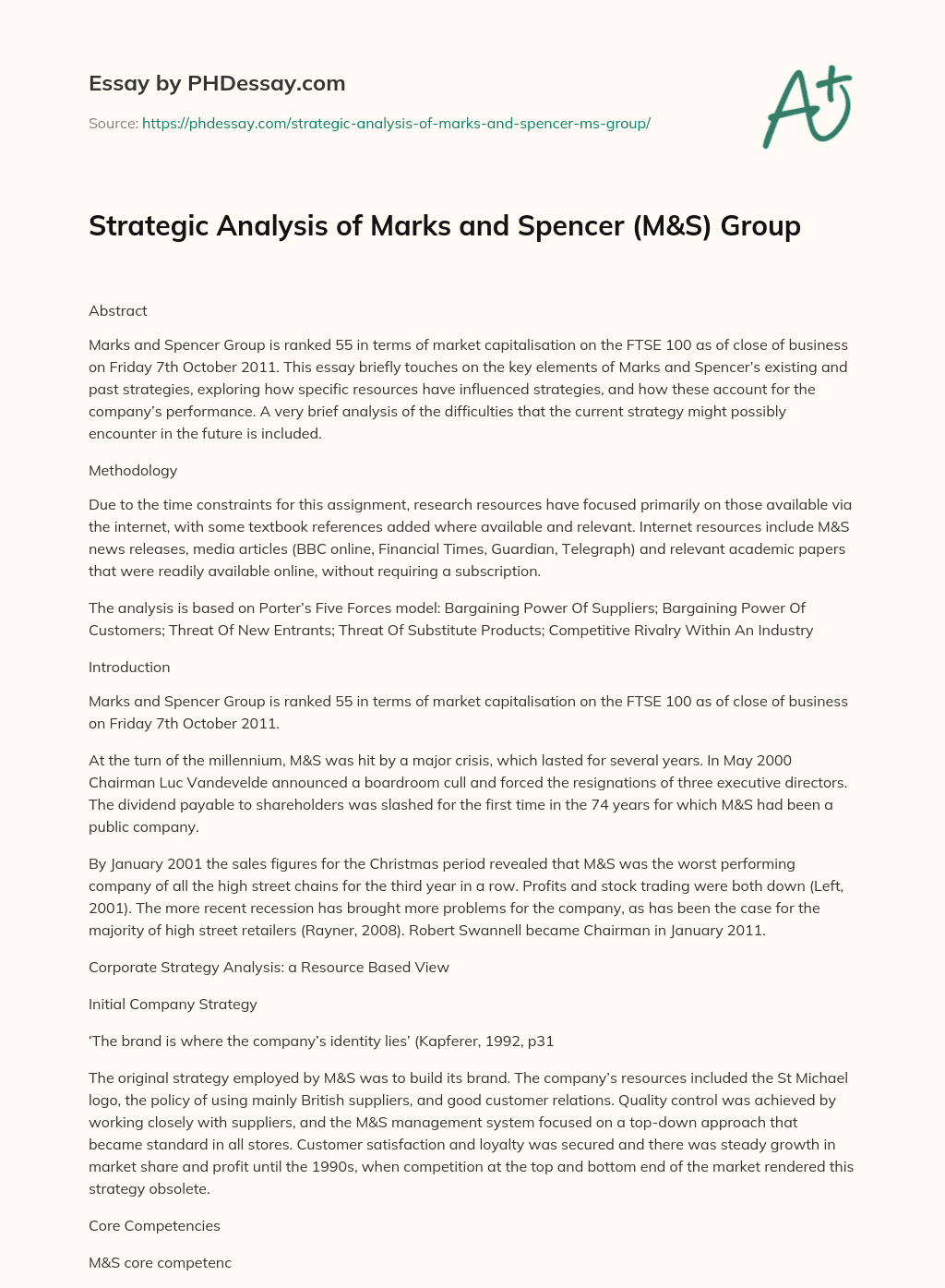 Strategic Analysis of Marks and Spencer (M&S) Group essay
