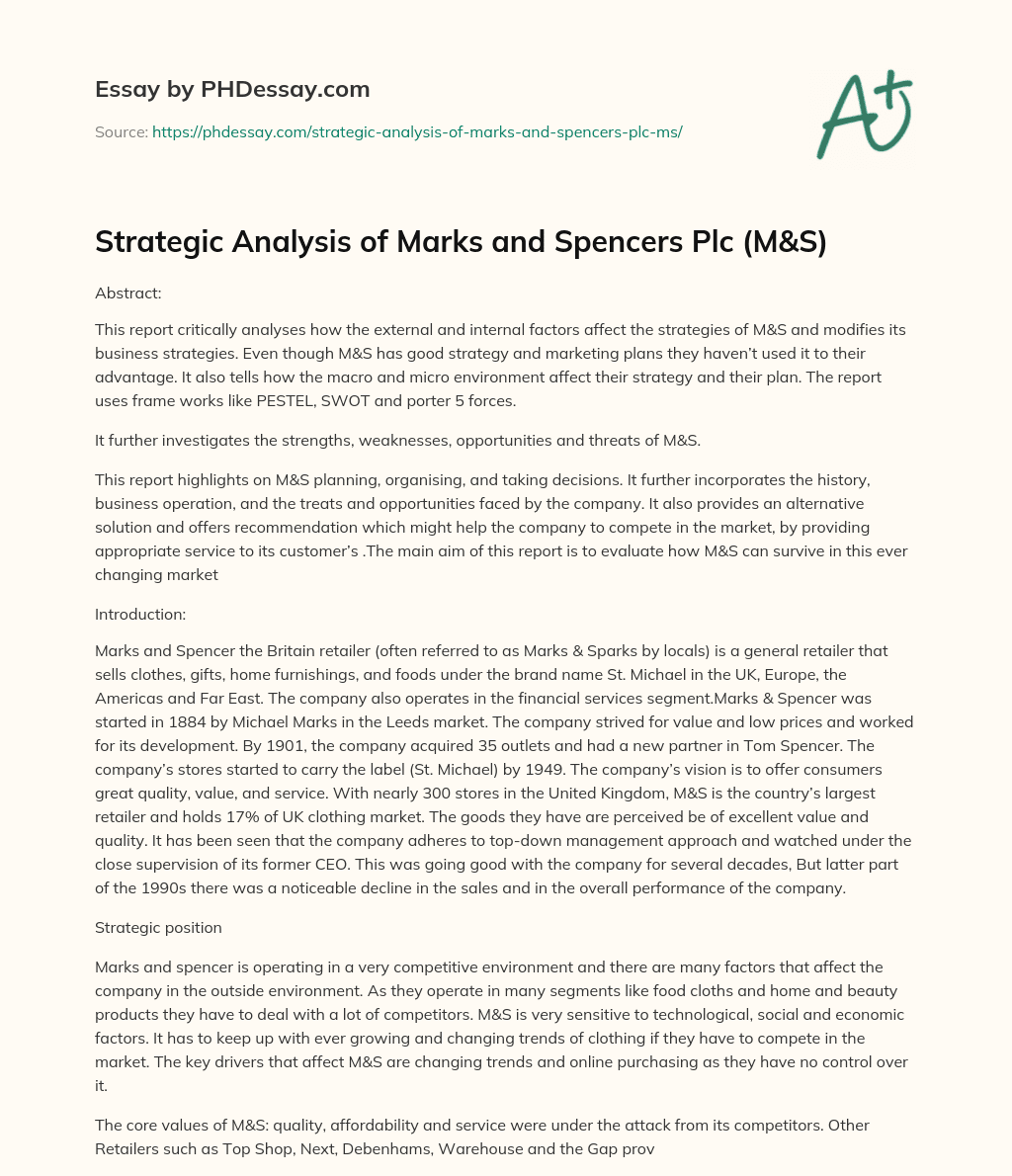 Strategic Analysis of Marks and Spencers Plc (M&S) essay
