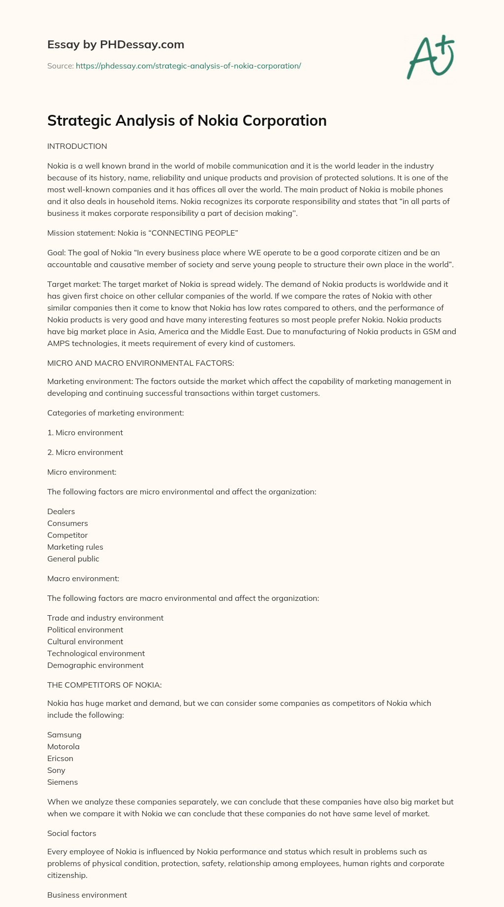 Strategic Analysis of Nokia Corporation essay