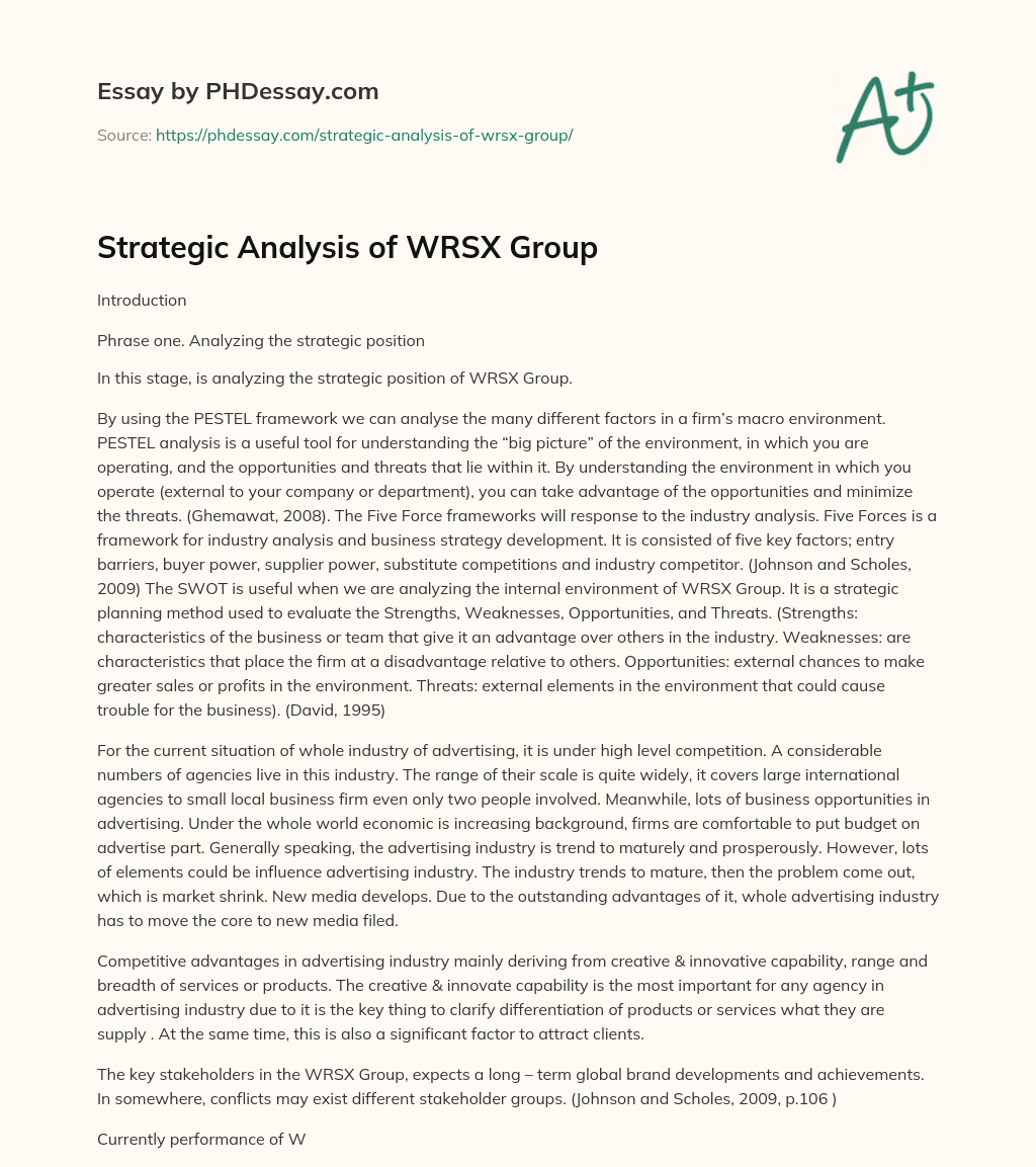 Strategic Analysis of WRSX Group essay