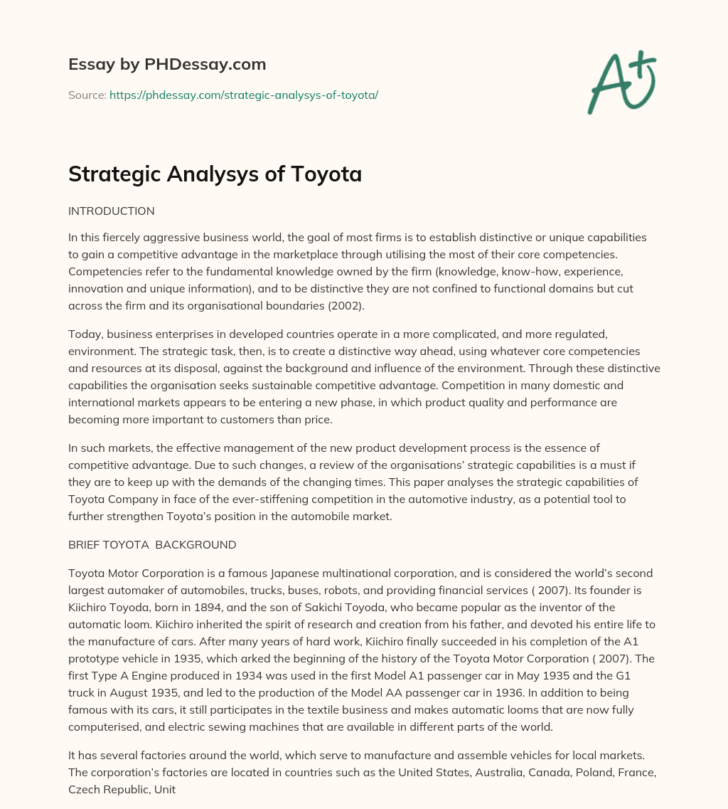 Strategic Analysys of Toyota essay