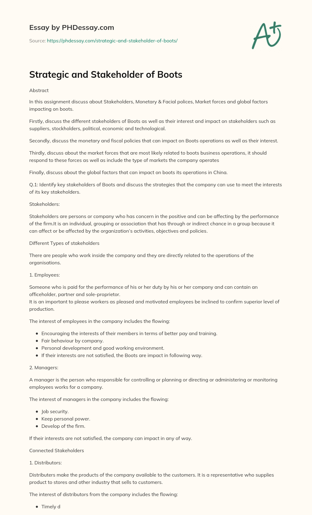 Strategic and Stakeholder of Boots essay