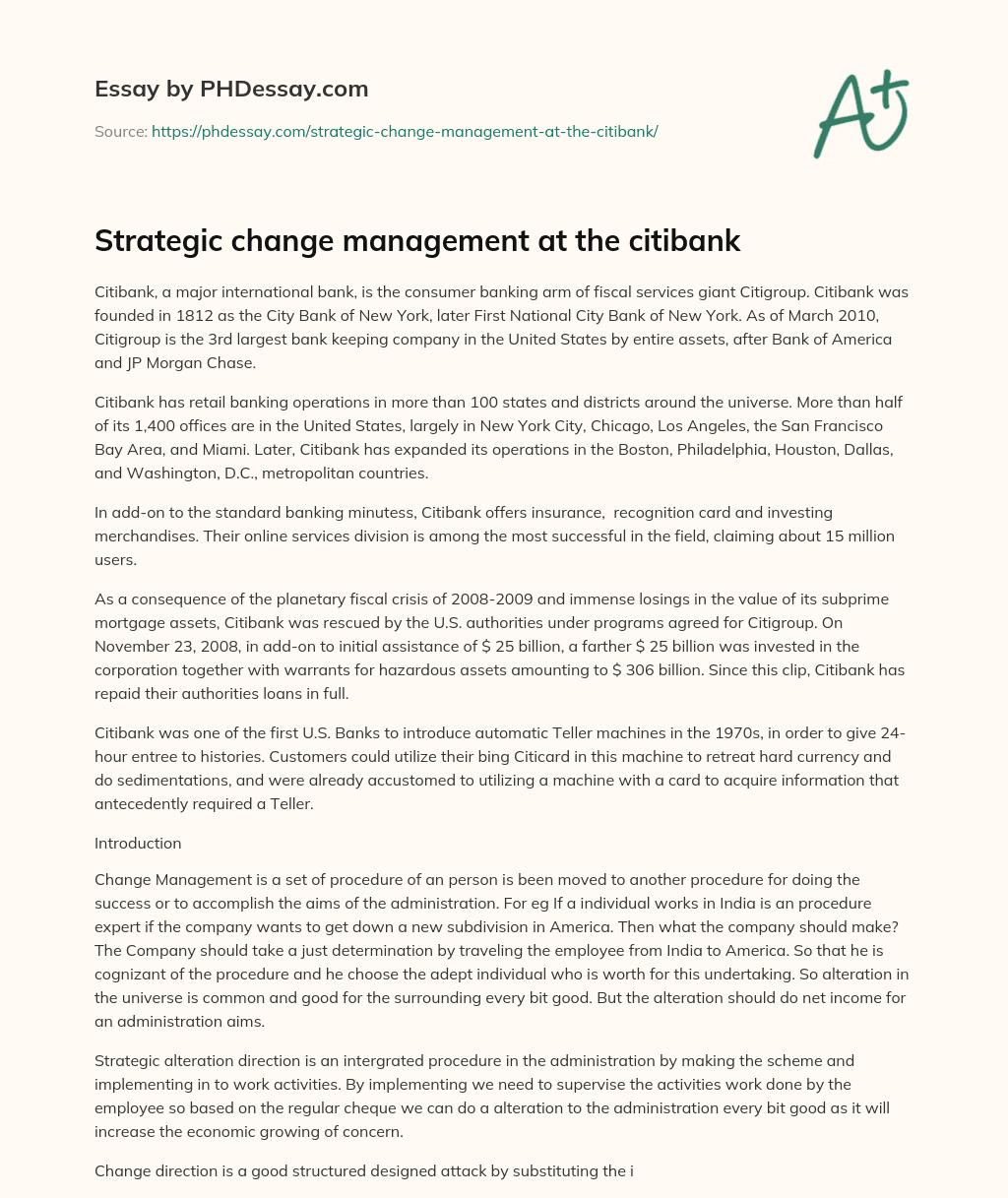Strategic change management at the citibank essay