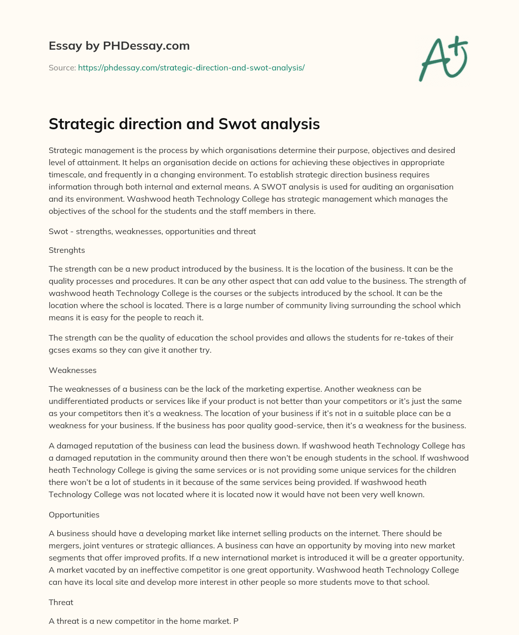 Strategic direction and Swot analysis essay
