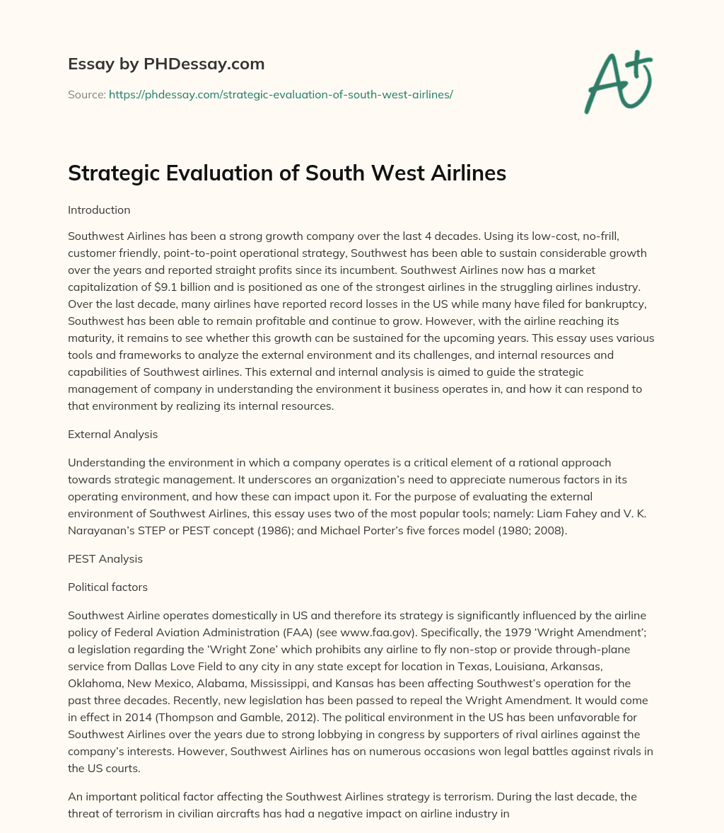 Strategic Evaluation of South West Airlines essay