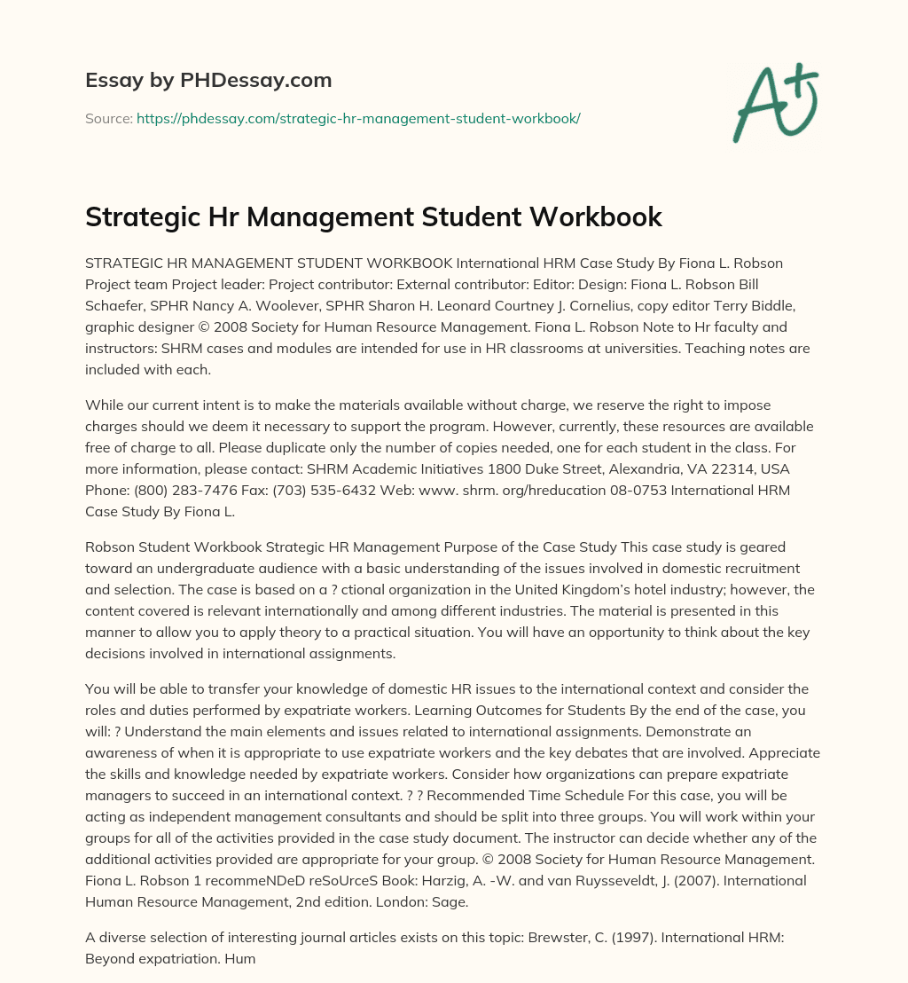 Strategic Hr Management Student Workbook essay