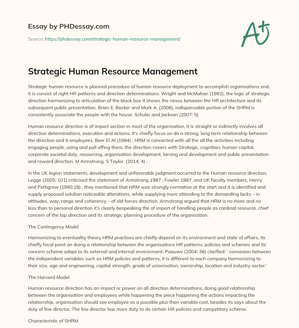 The Importance of Strategic Human Resource Management in Organizations essay