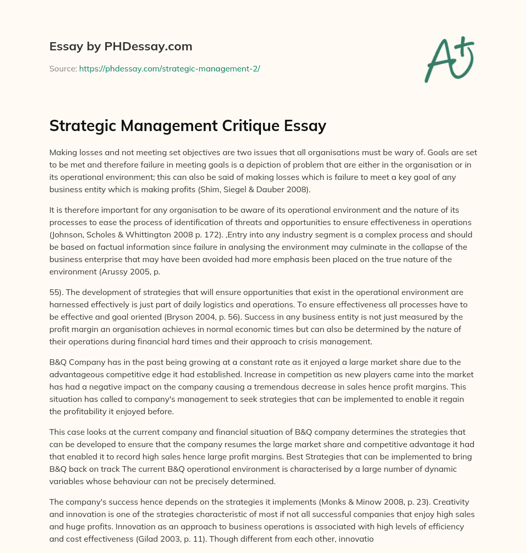 Strategic Management Critique Essay essay