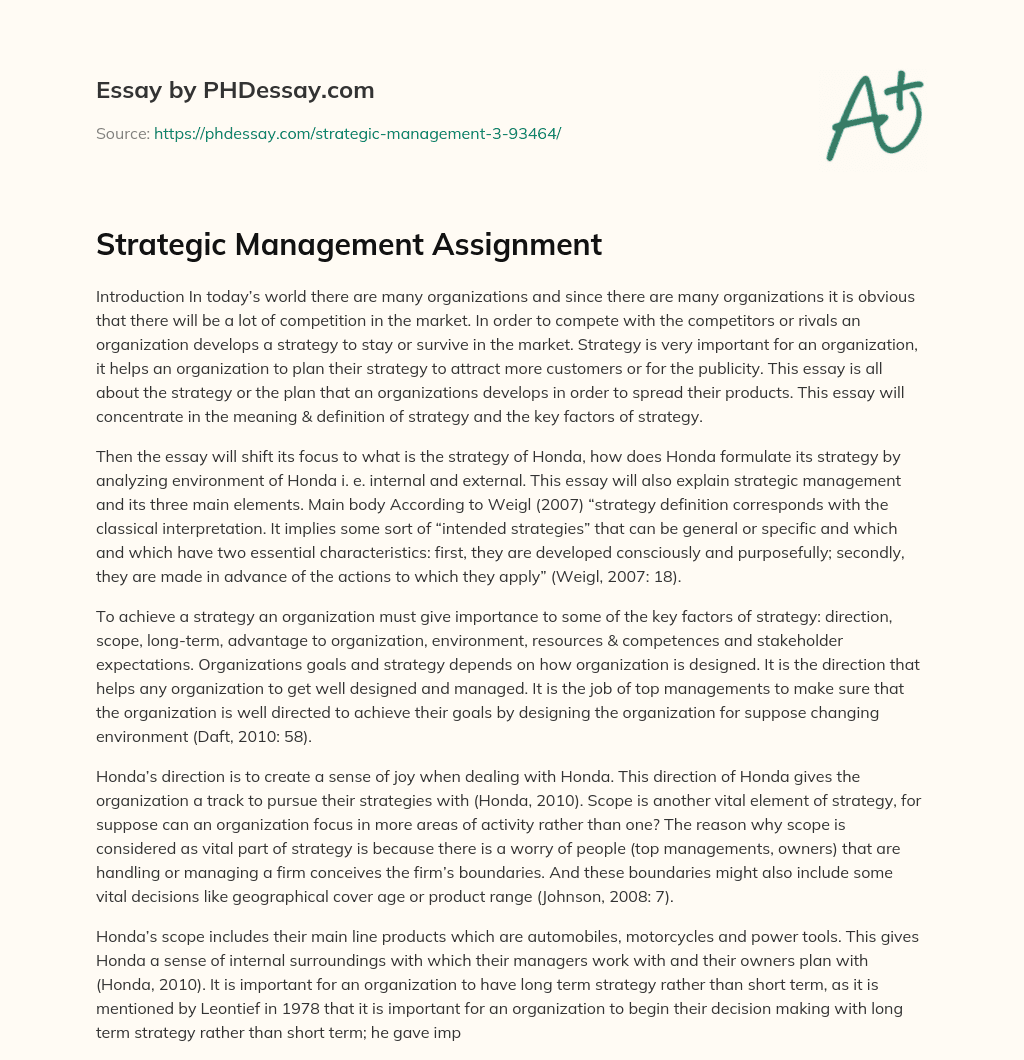Strategic Management Assignment essay