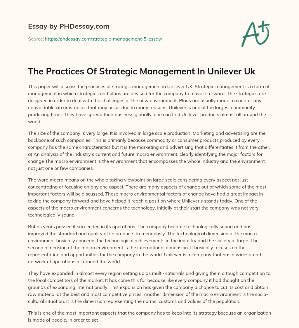 The Practices Of Strategic Management In Unilever Uk essay
