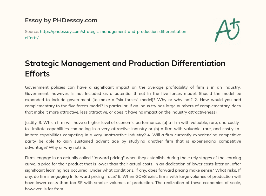 Strategic Management and Production Differentiation Efforts essay