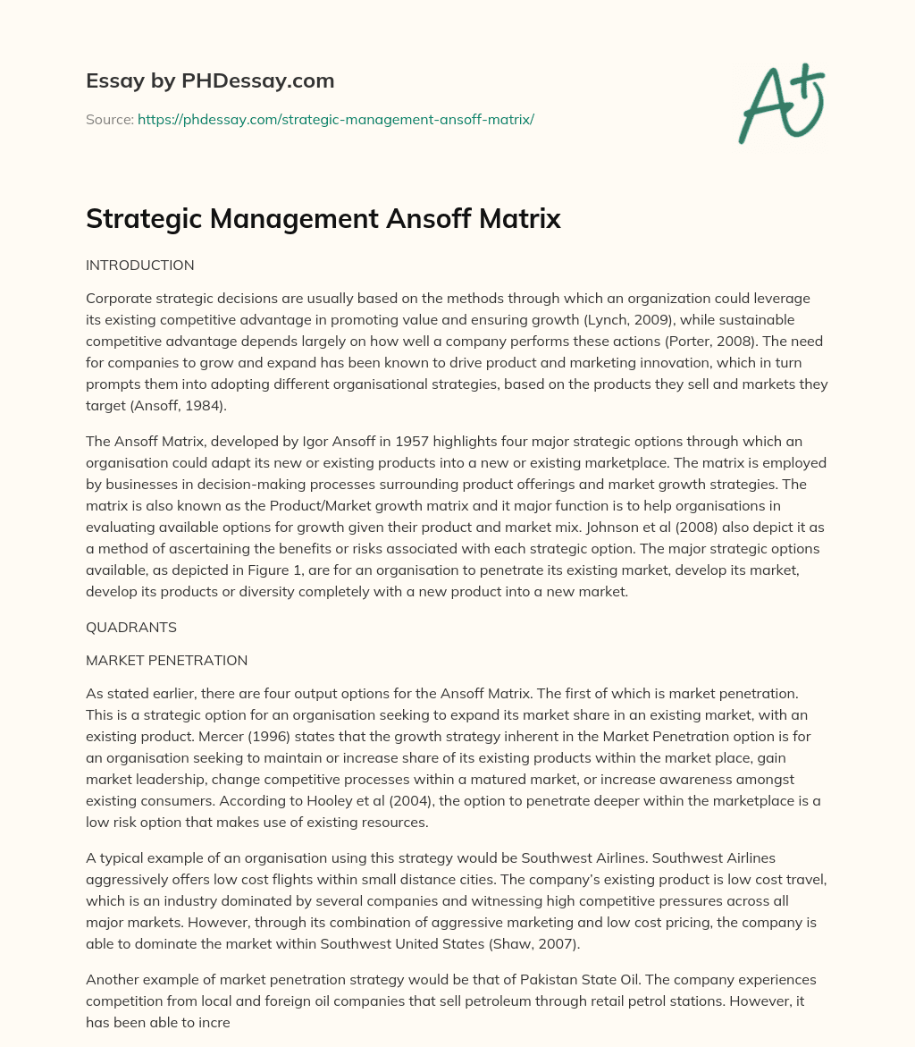 Strategic Management Ansoff Matrix essay
