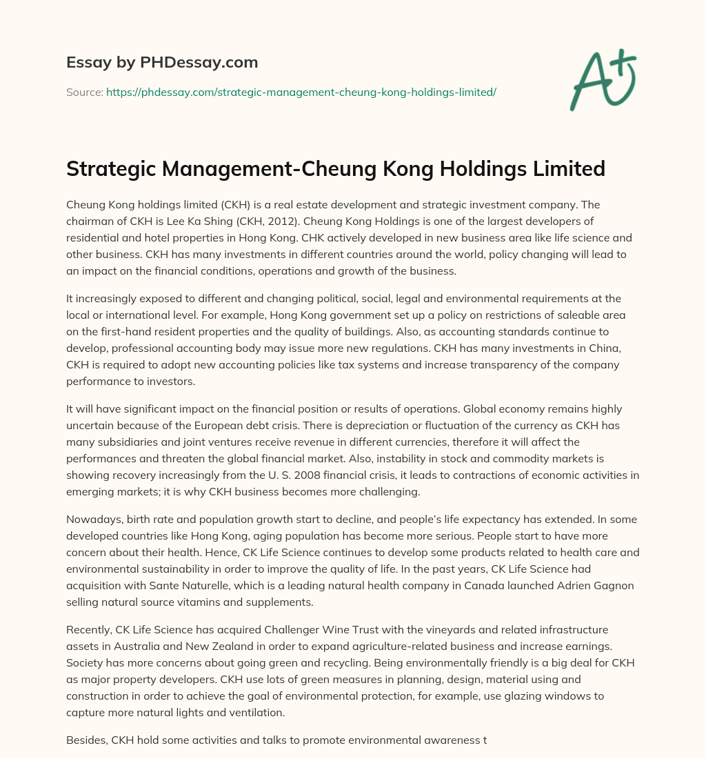 Strategic Management-Cheung Kong Holdings Limited essay