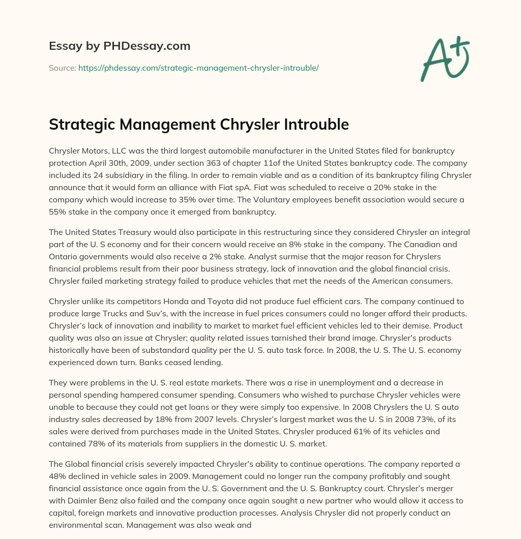 Strategic Management Chrysler Introuble essay