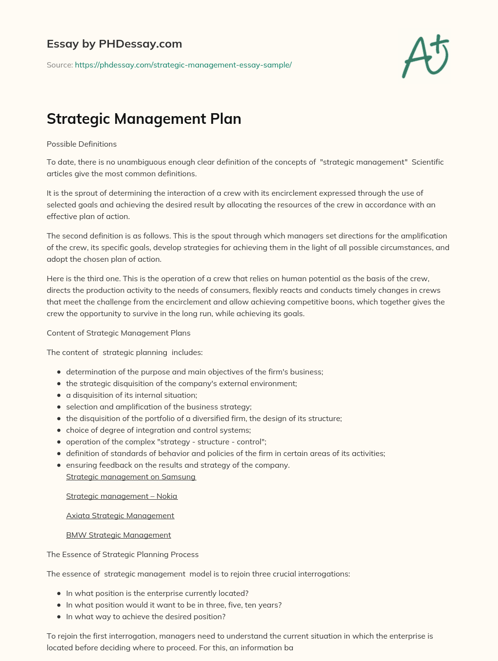 Strategic Management Plan essay