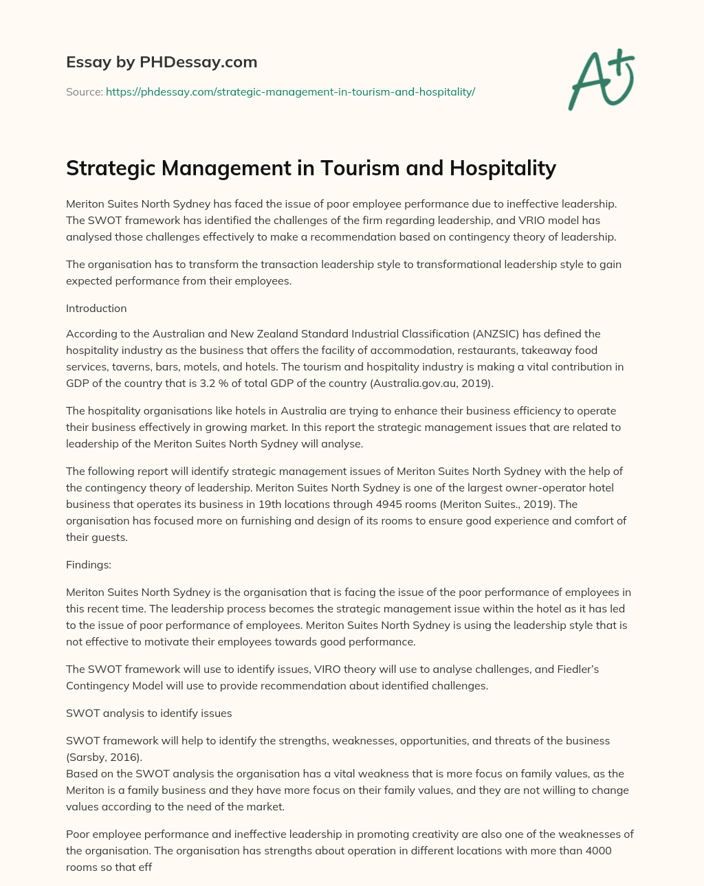 Strategic Management in Tourism and Hospitality  essay