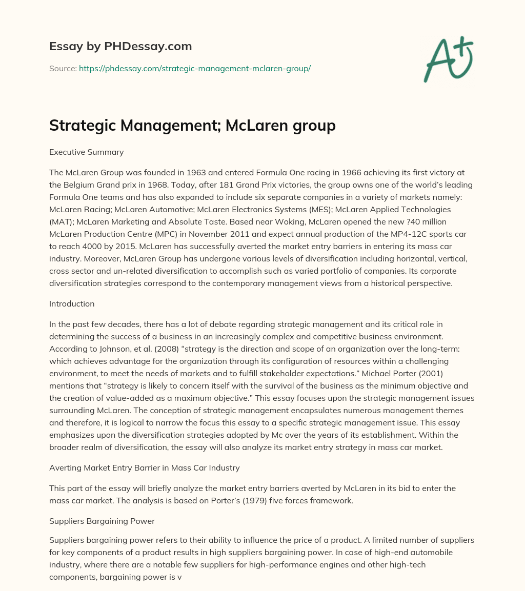Strategic Management; McLaren group essay