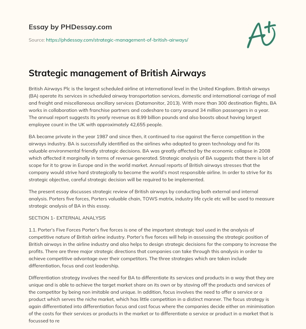 Strategic management of British Airways essay