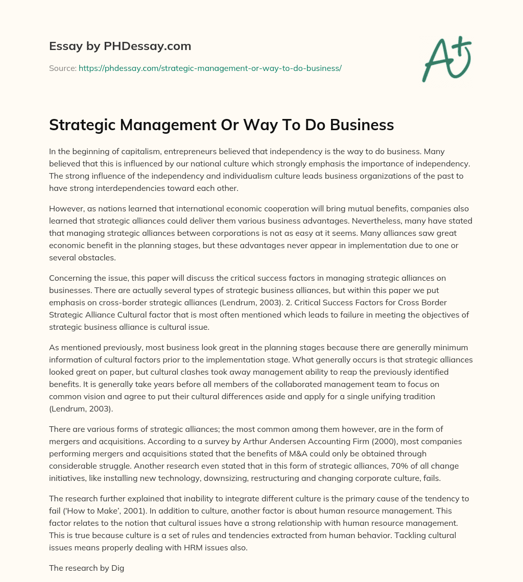 Strategic Management Or Way To Do Business essay