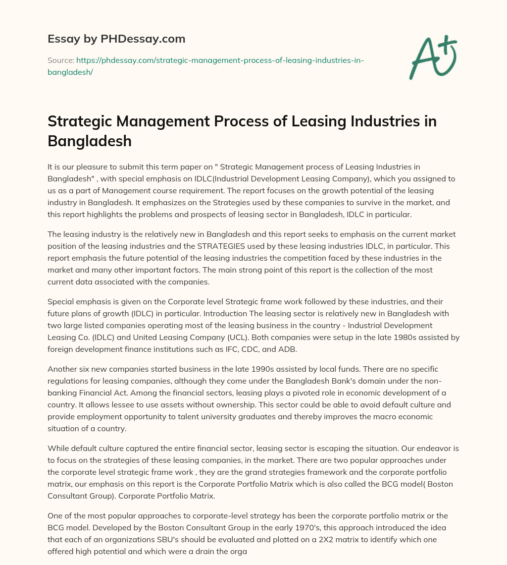 Strategic Management Process of Leasing Industries in Bangladesh essay