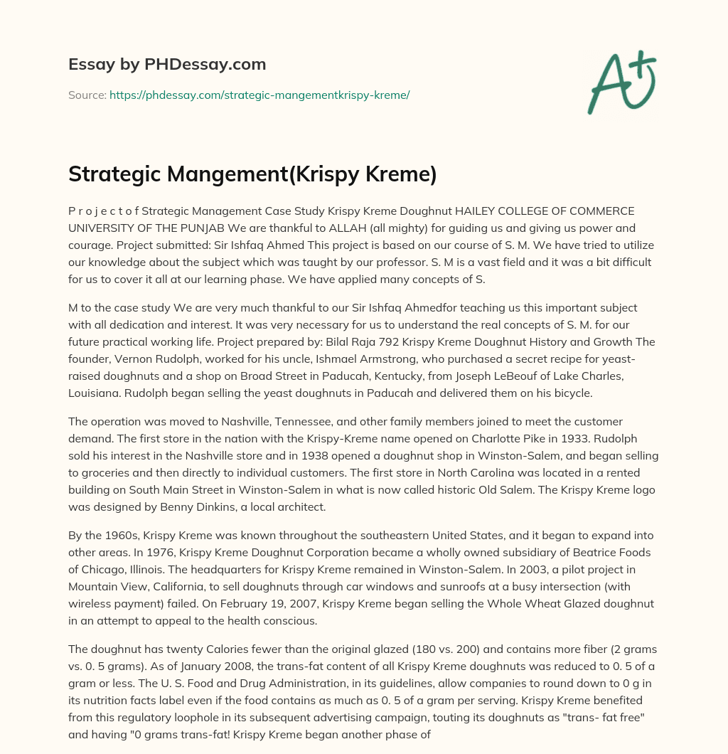 Strategic Mangement(Krispy Kreme) essay