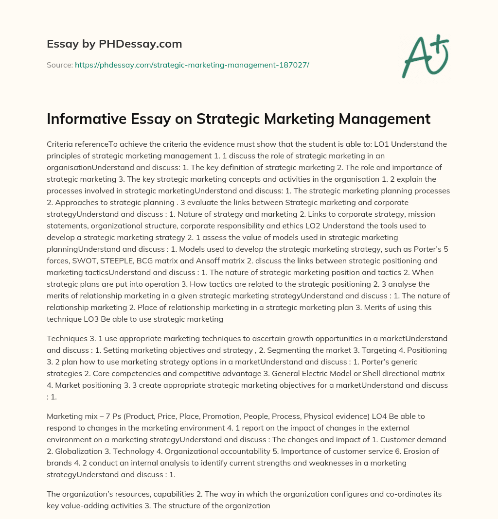 Informative Essay on Strategic Marketing Management essay