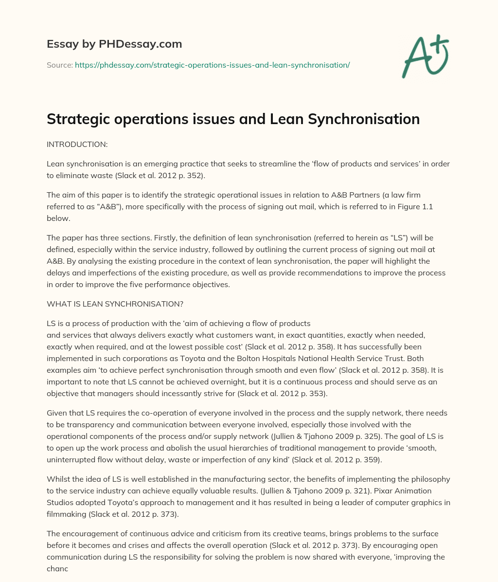 Strategic operations issues and Lean Synchronisation essay
