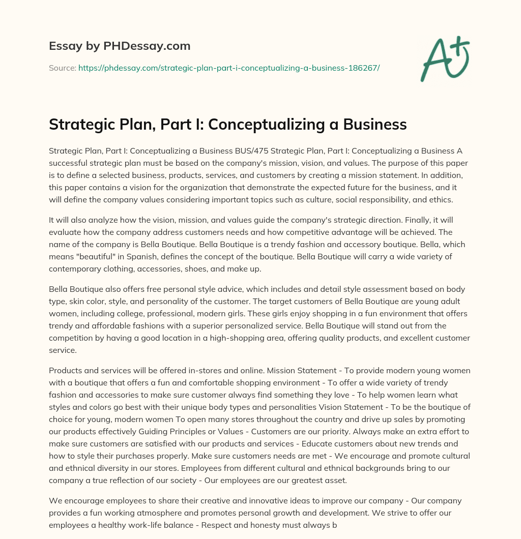 Strategic Plan, Part I: Conceptualizing a Business essay