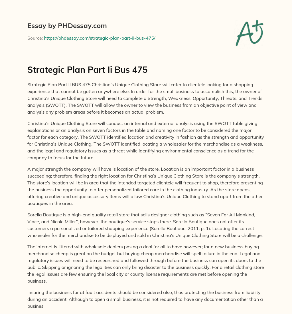 Strategic Plan: SWOTT Analysis essay
