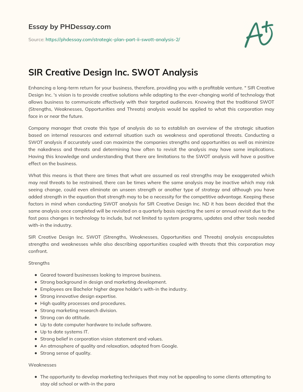 SIR Creative Design Inc. SWOT Analysis essay