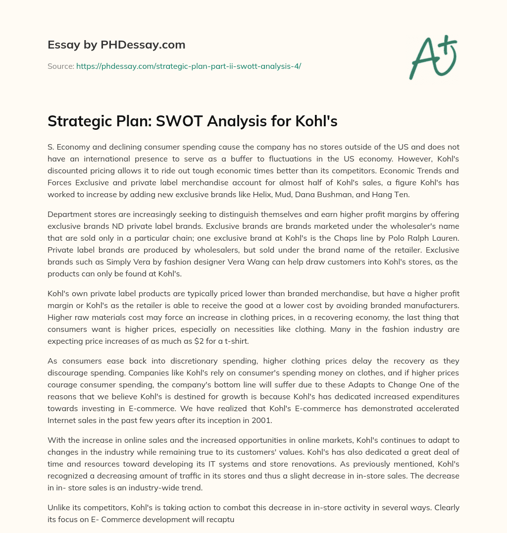 Strategic Plan: SWOT Analysis for Kohl’s essay