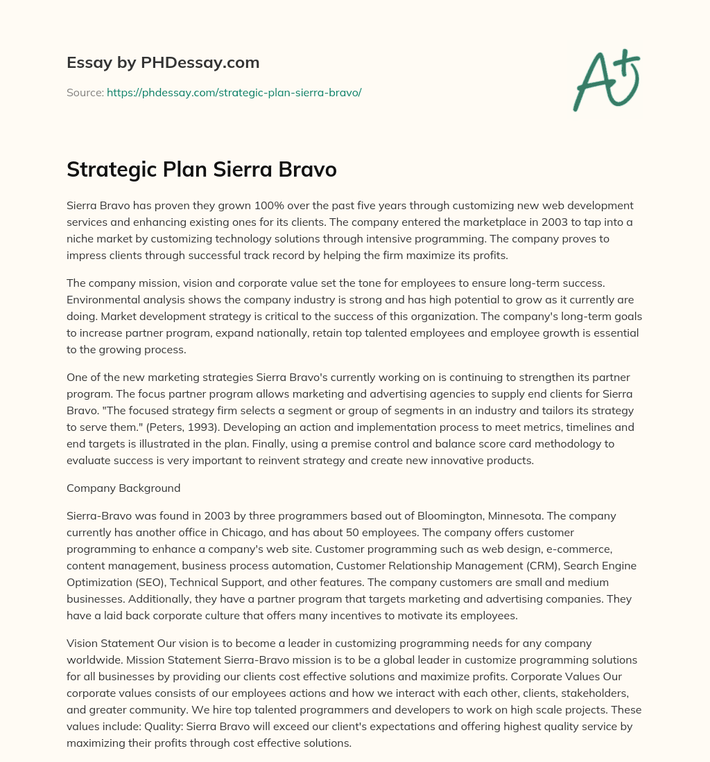 Strategic Plan Sierra Bravo essay