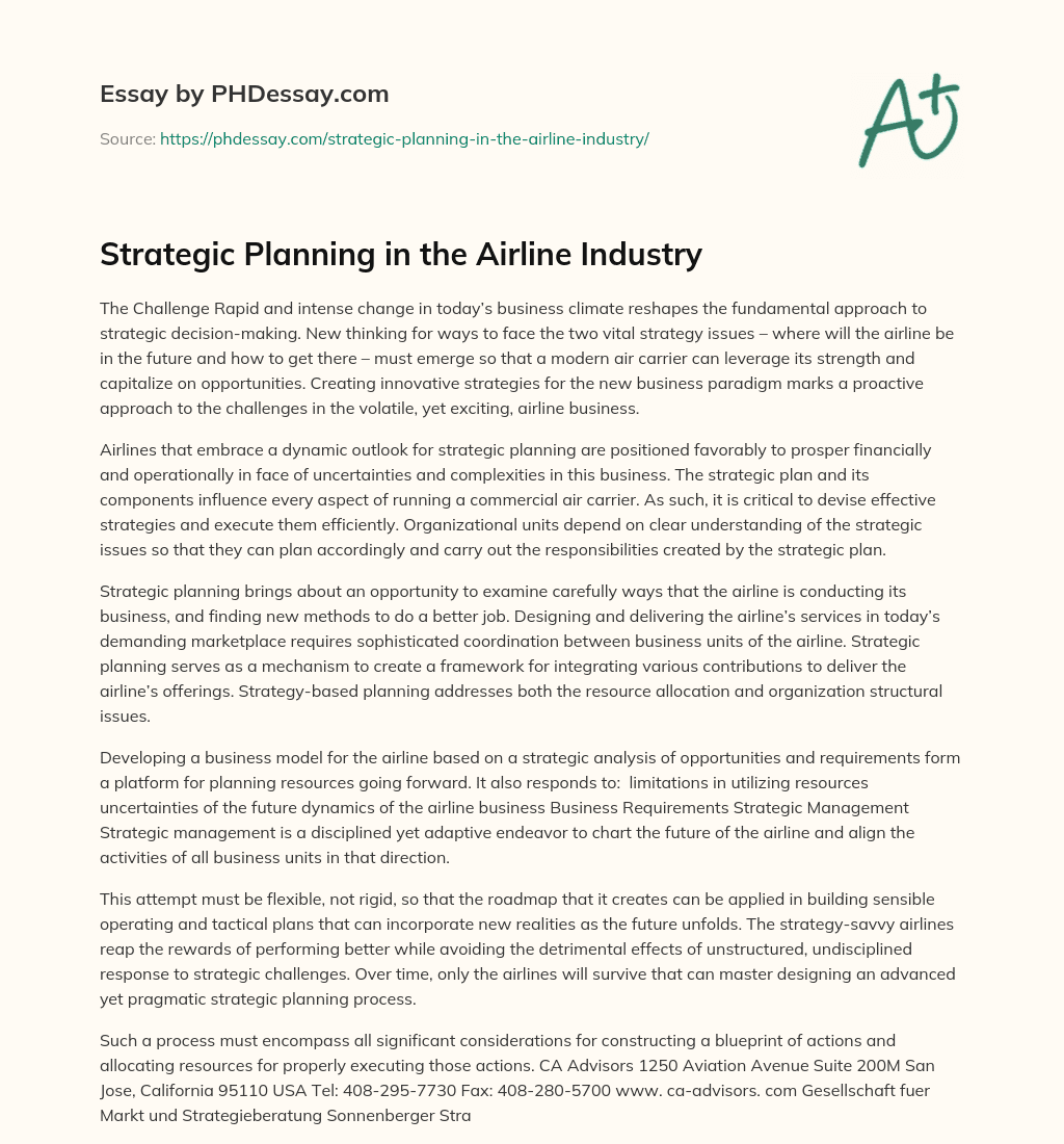 Strategic Planning in the Airline Industry essay