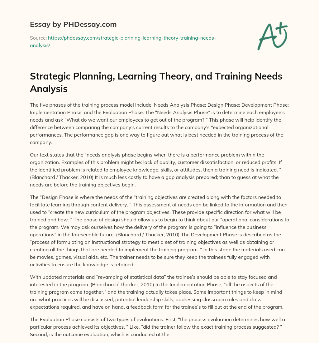 Strategic Planning, Learning Theory, and Training Needs Analysis essay