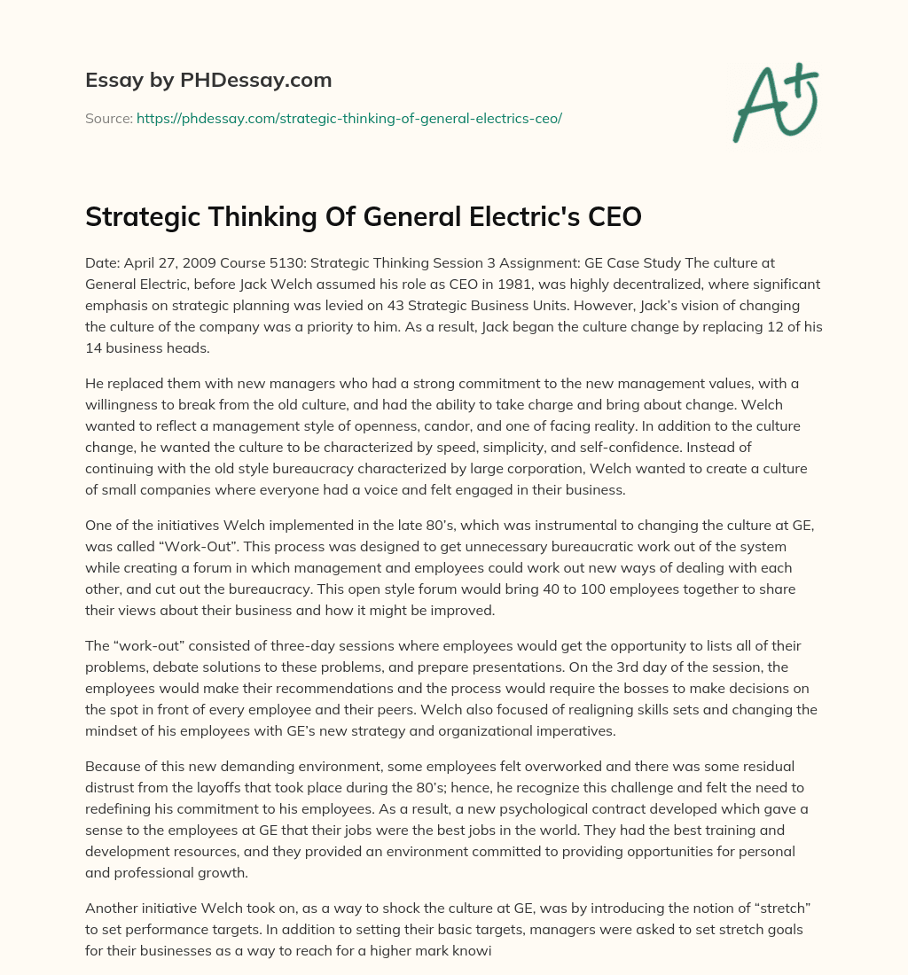 Strategic Thinking Of General Electric’s CEO essay