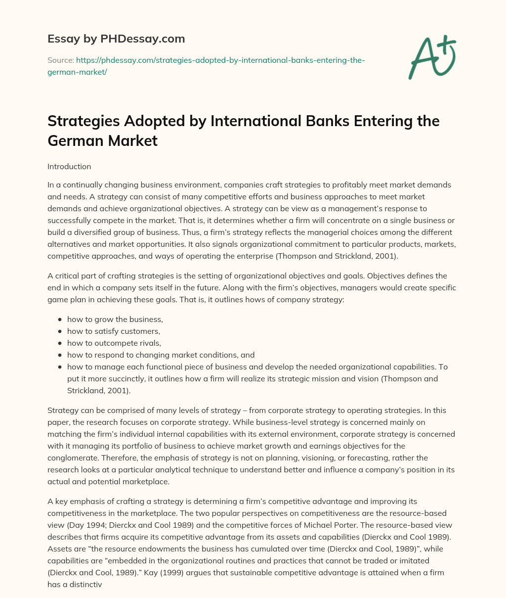 Strategies Adopted by International Banks Entering the German Market essay