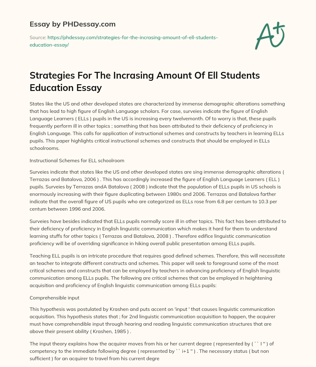 Strategies For The Incrasing Amount Of Ell Students Education Essay essay