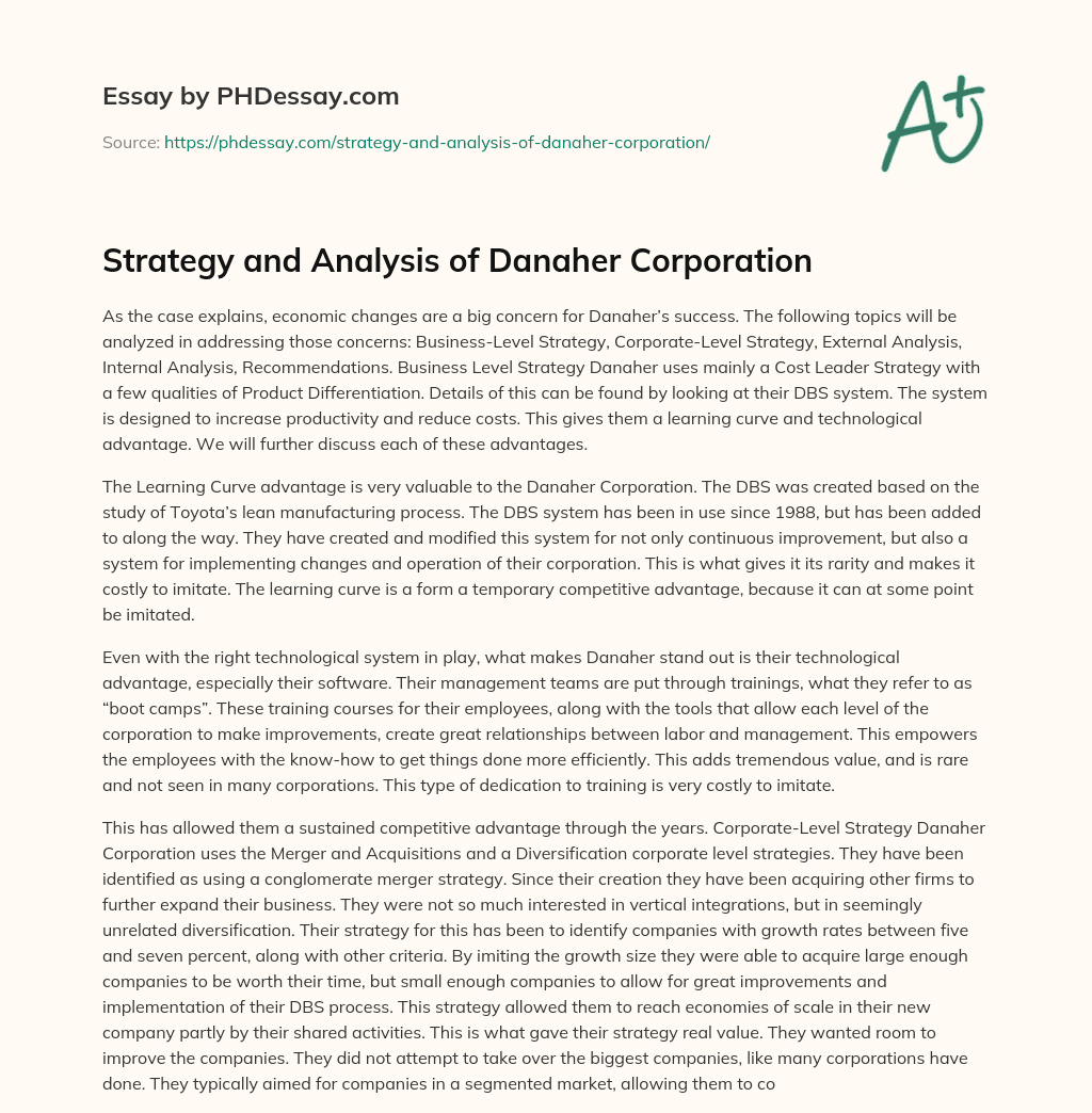 Strategy and Analysis of Danaher Corporation essay