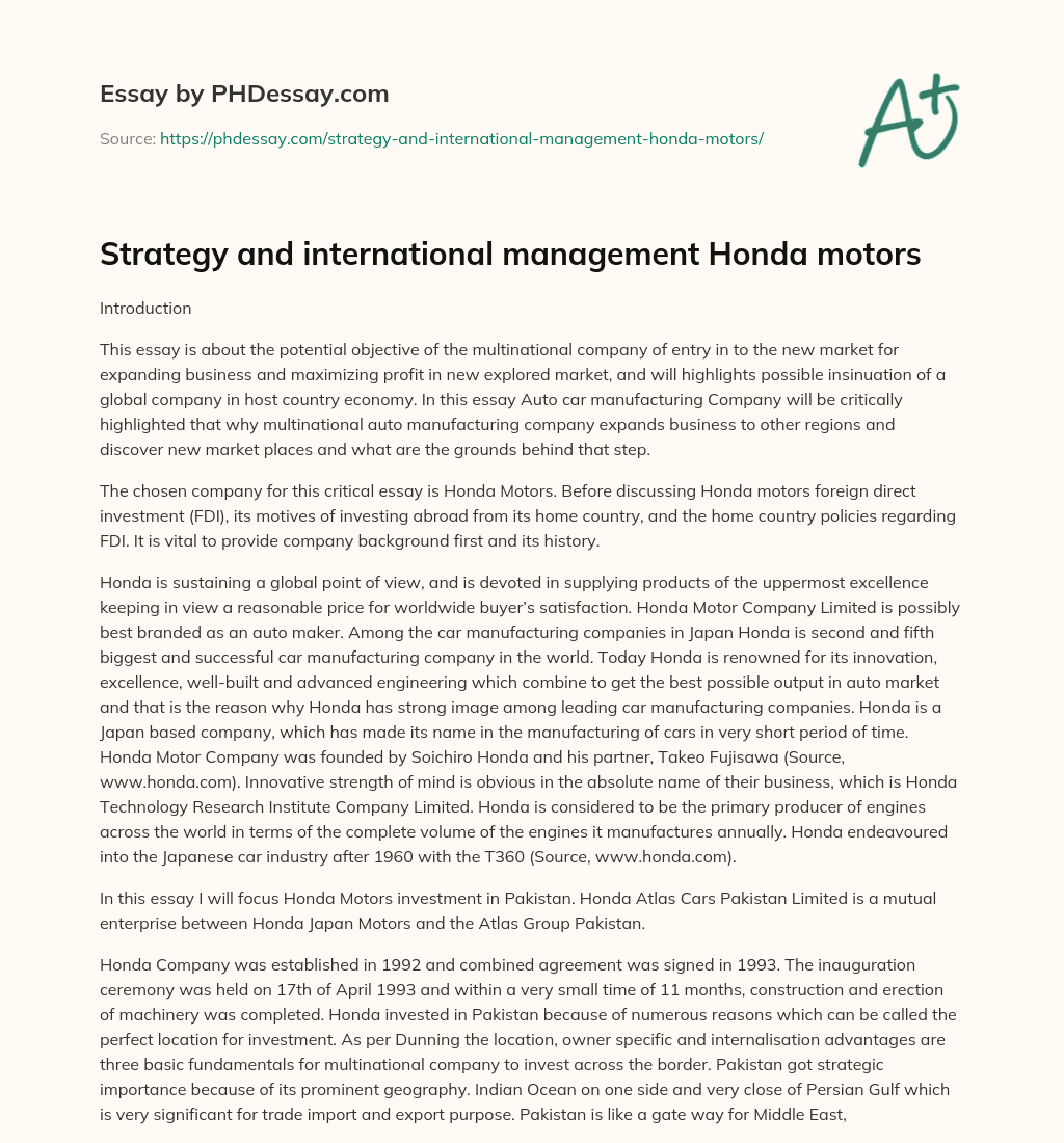 Strategy and international management Honda motors essay